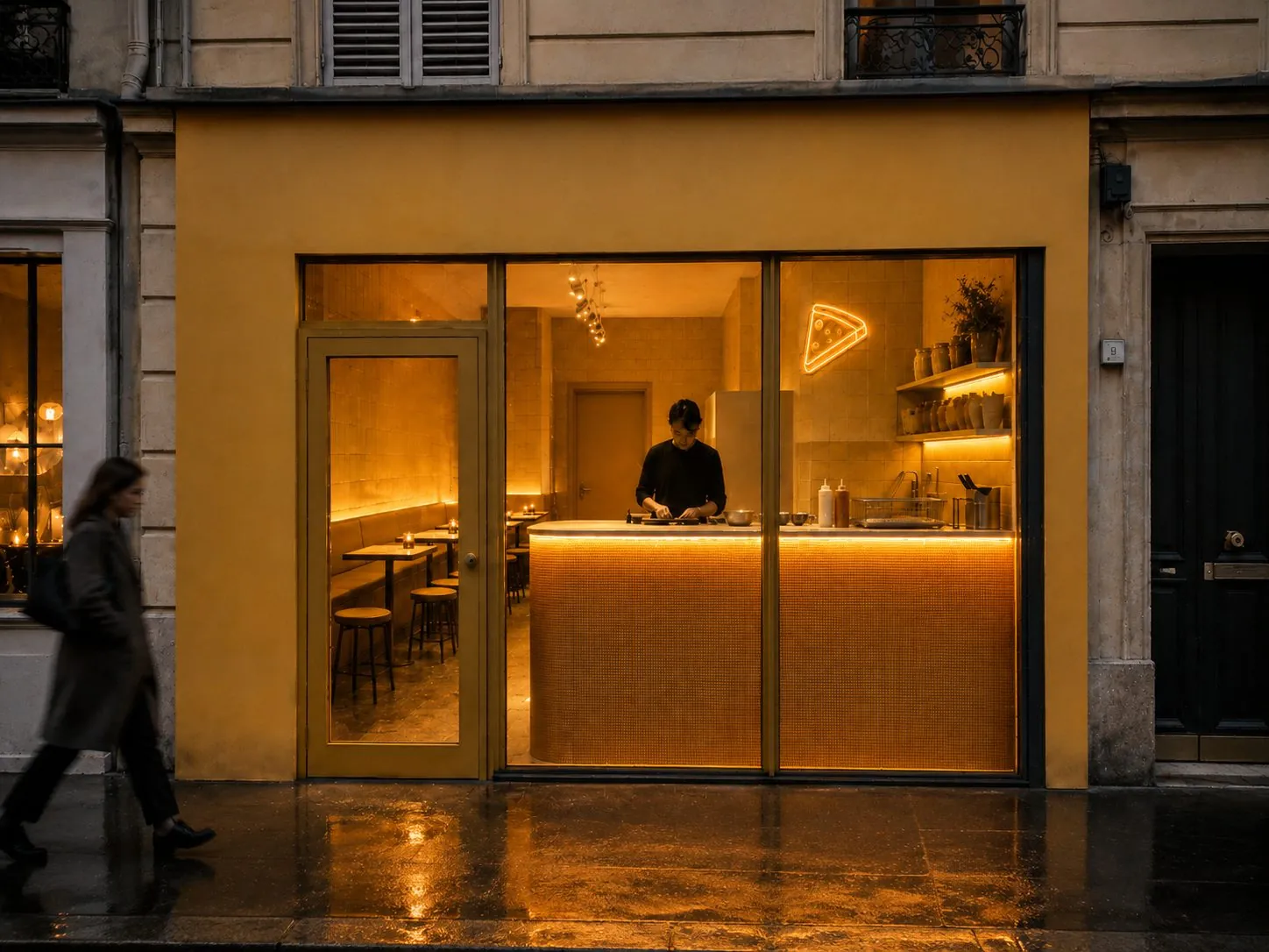 Boutique, rue Lecourbe — Façade sur rue, à la tombée du jour