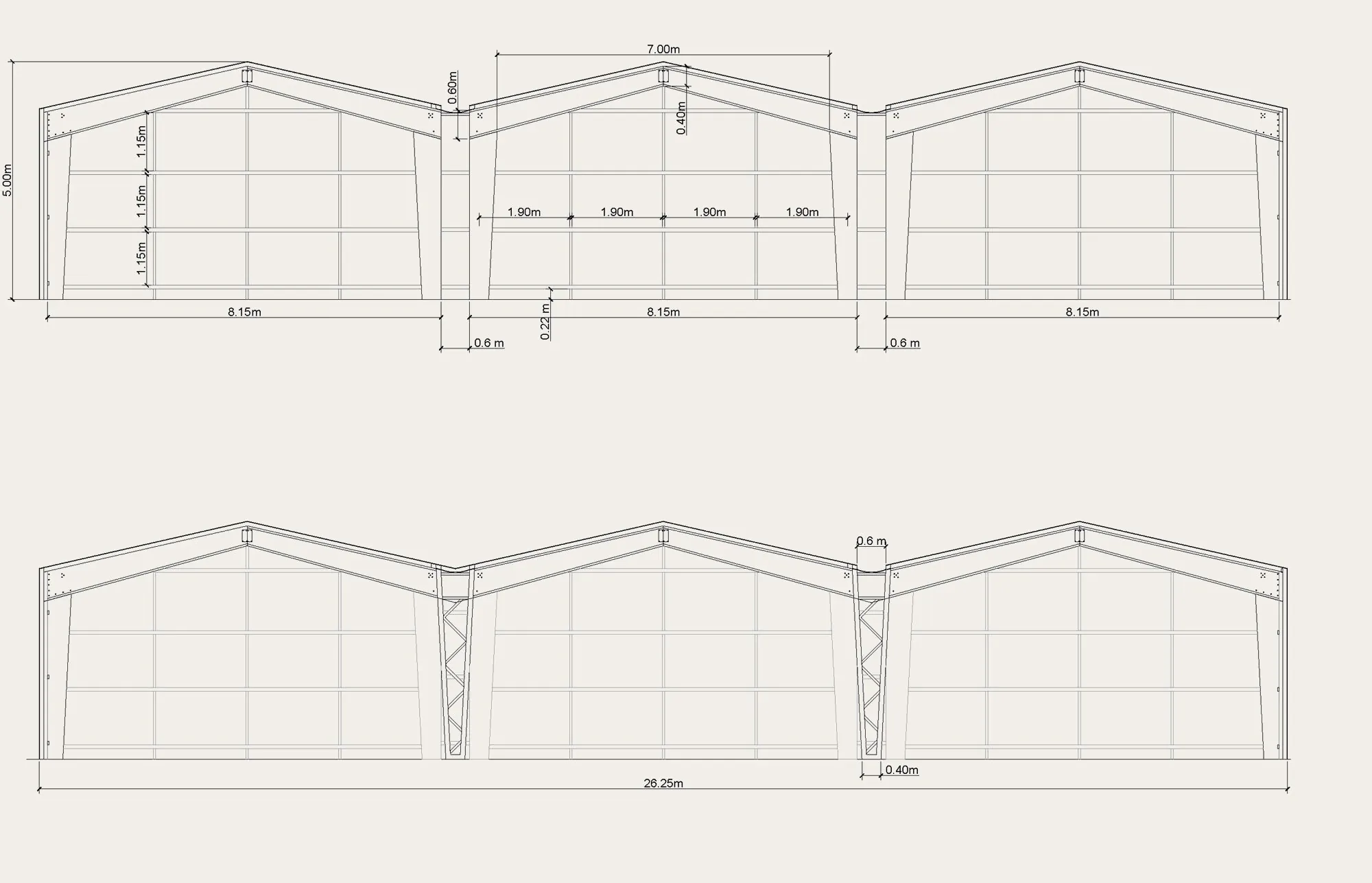 Hangar, Linas — Portiques existants — structure conservée