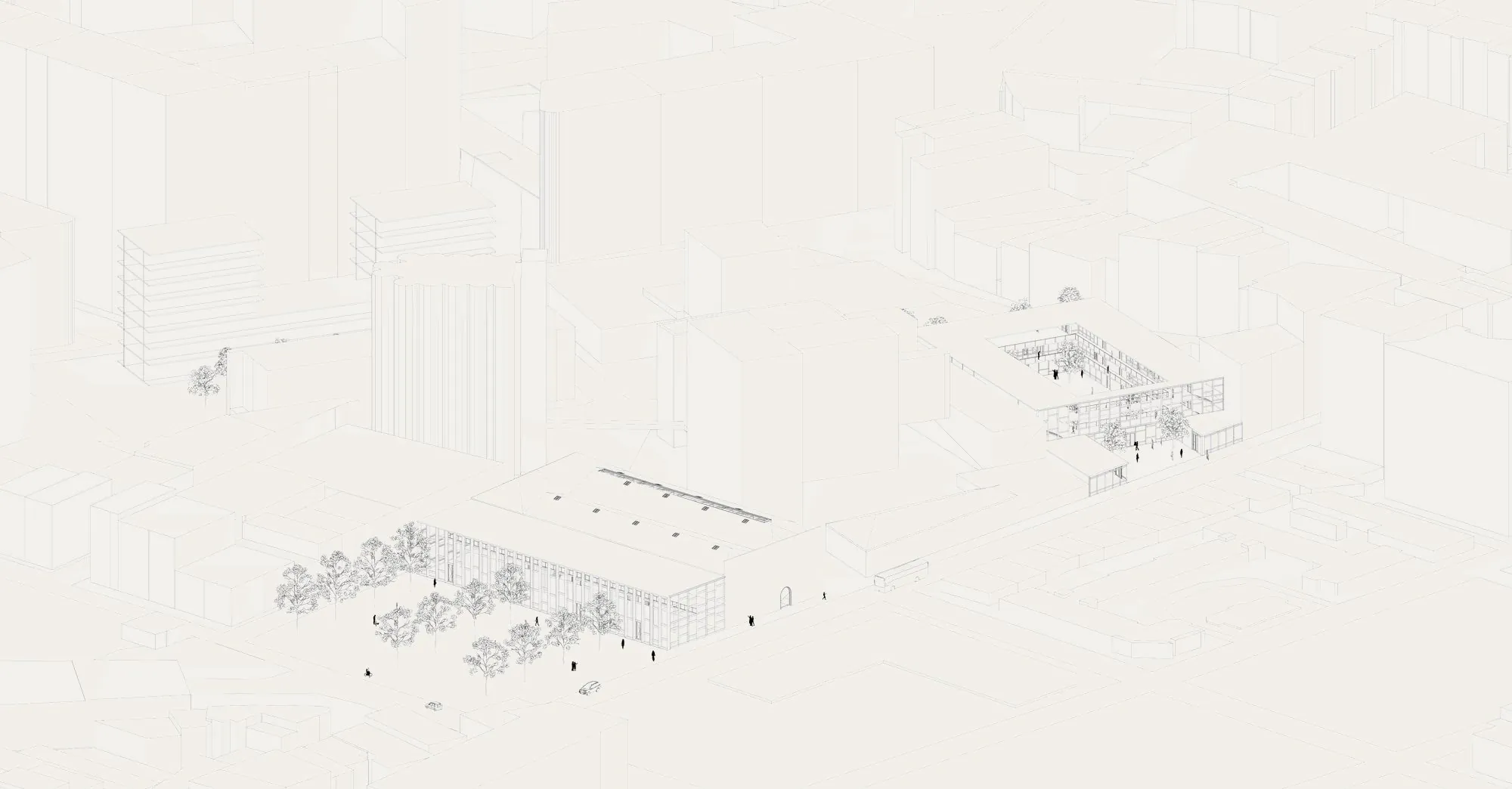 Storione, Marseille — Axonométrie générale — l'îlot et son rez-de-ville